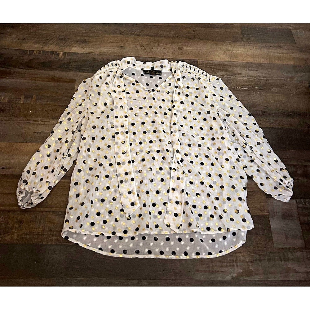 SO Plus White Black Gold Polka Dot Sheer Chiffon Tie V-Neck Blouse